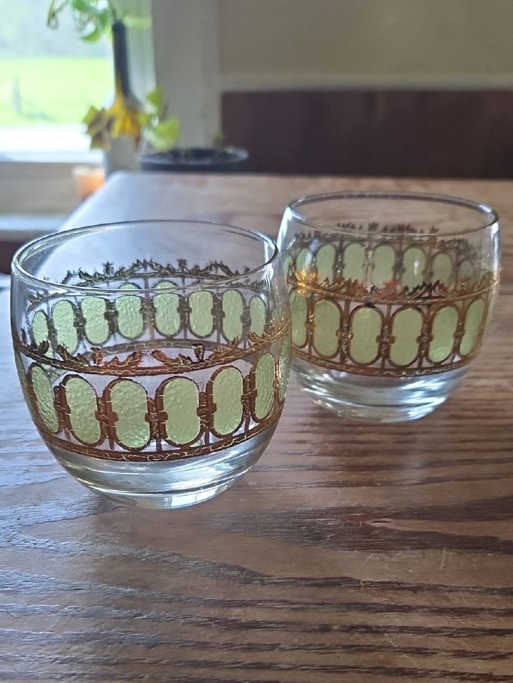 Vintage Culver 1960s Roly Poly Gold-Trim Green Glass Tumblers - Set of 2
